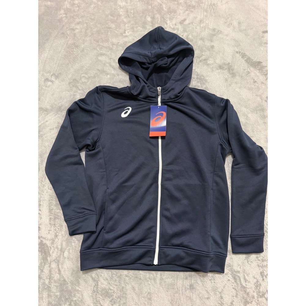 Asics Full Zip Hoodie Boys Large Navy Blue French Terry Athletic Jacket 2174A001